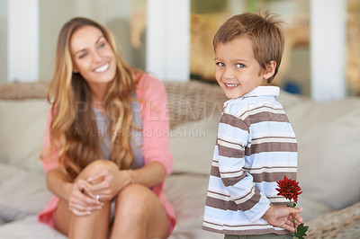 Buy stock photo Shot of a mother holding a flower her son gave hr for Mother's day