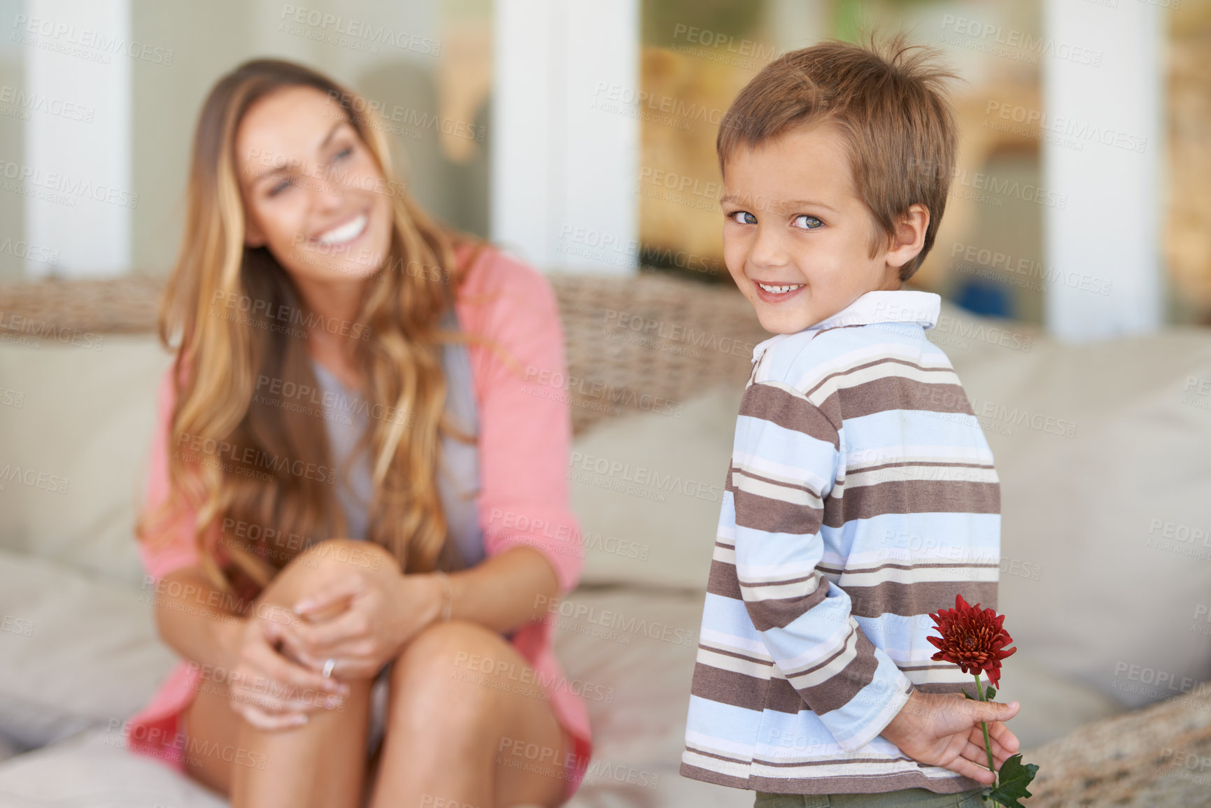 Buy stock photo Shot of a mother holding a flower her son gave hr for Mother's day