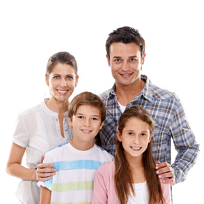 Buy stock photo Portrait of a happy family of four isolated on white
