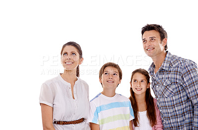 Buy stock photo Mother, father and children on a white background looking up for bonding, relationship and mockup space. Family, love and isolated mom, dad and kids for news, information and announcement in studio