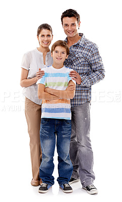 Buy stock photo Studio portrait of a mother and father standing with their son