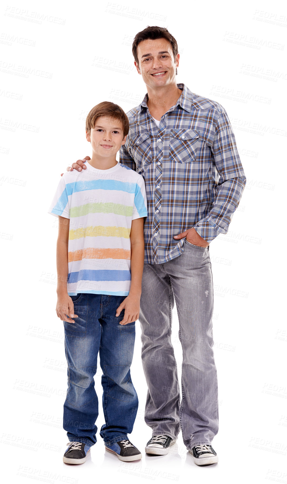 Buy stock photo Happy father, portrait and hug with child in fashion for family bonding on a white studio background. Dad, son or kid with smile in casual clothing, support or or trust for parenthood or childhood