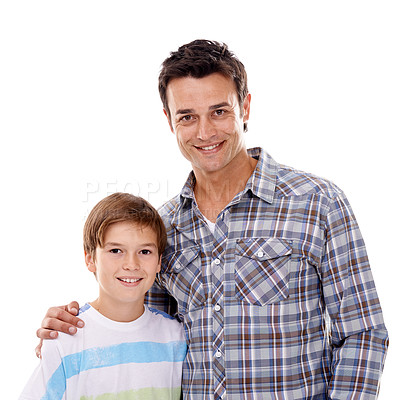 Buy stock photo Happy father, portrait or hug with child for family bonding in casual fashion on a white studio background. Face of dad, son or kid with smile for support, embrace or trust in parenthood or childhood