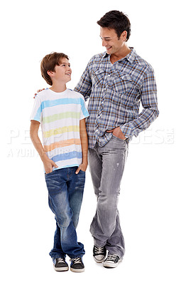 Buy stock photo Happy, laugh and father with child on a white background for bonding, relationship and love. Family, parenthood and dad hug, embrace and smile with son for support, care and affection in studio