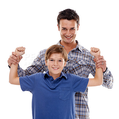 Buy stock photo Family, muscle and portrait of father with boy on a white background for bonding, happy and love. Smile, parenthood and face of dad flex with son for support, care and playing together in studio