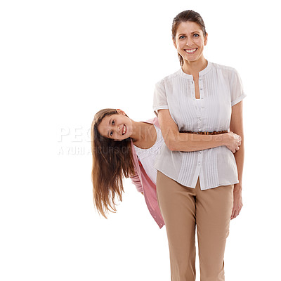 Buy stock photo Happy mother, portrait and child with family for support, love or bonding on a white studio background. Mom, daughter or kid with smile or protection for embrace, trust or parenting on mockup space