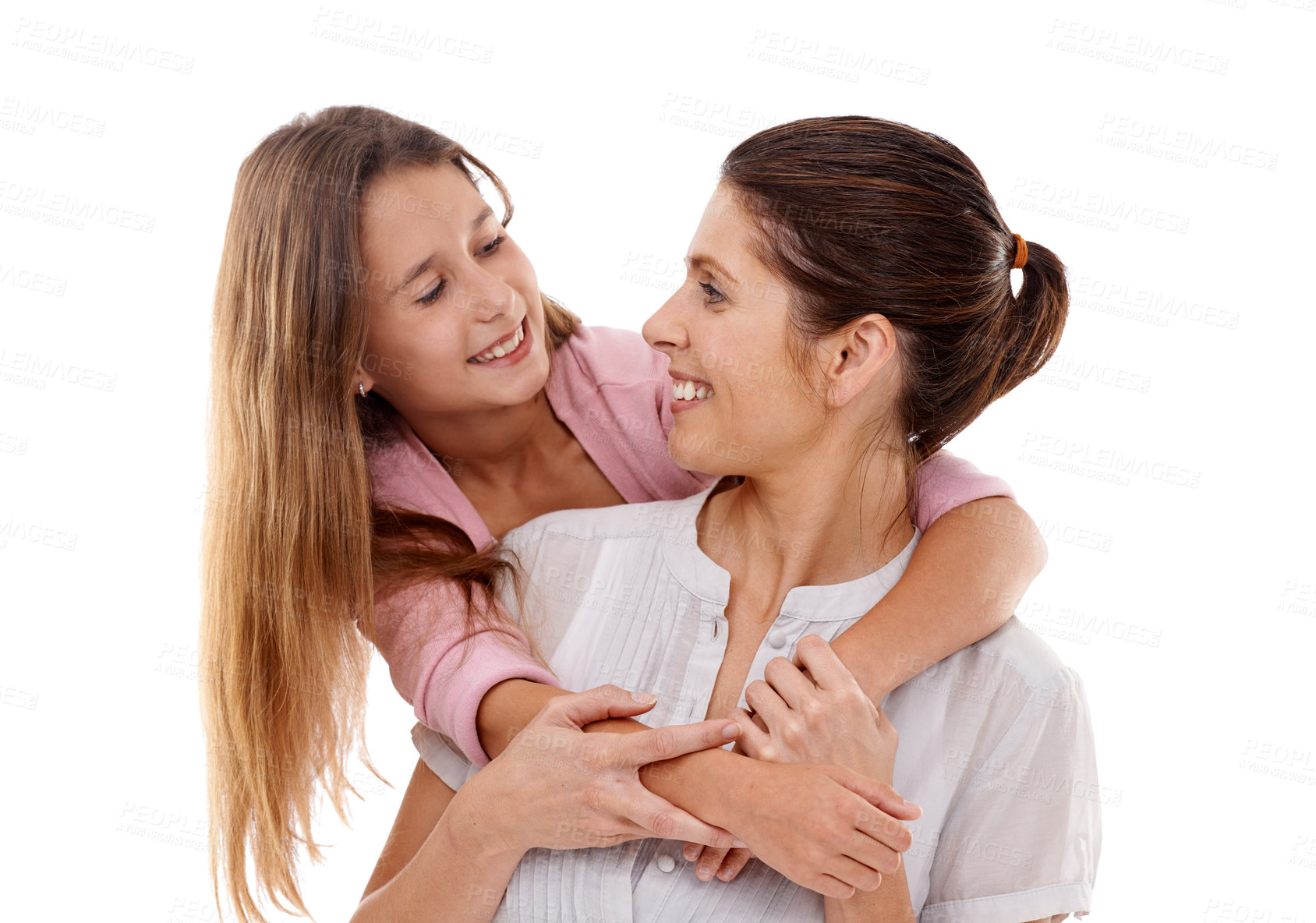 Buy stock photo Mother, child and hug in studio with smile for love, security and comfort, bonding and trust on white background. Nurture, safety and support with happy woman and young girl for family time together