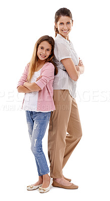 Buy stock photo Happy, fashion and portrait of mother and child on white background for care, love and relationship. Family, smile and isolated mom with girl in casual style for bonding, support and proud in studio