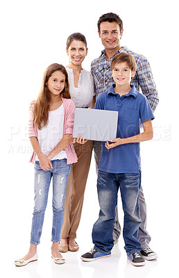 Buy stock photo Parents, children and studio with space on placard in portrait with smile for love with empty board by white background. Mother, father and kids with mockup, promotion or happy for poster with family