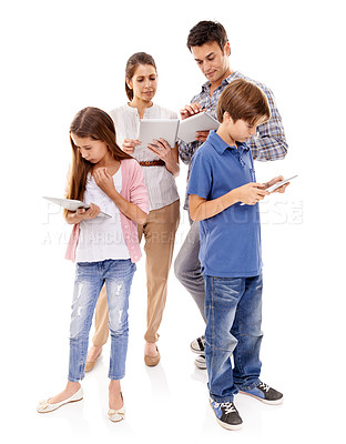 Buy stock photo Family, tablet or online in studio for communication with text message, conversation or internet streaming. Father, mother or children with touchscreen, technology or social media on white background
