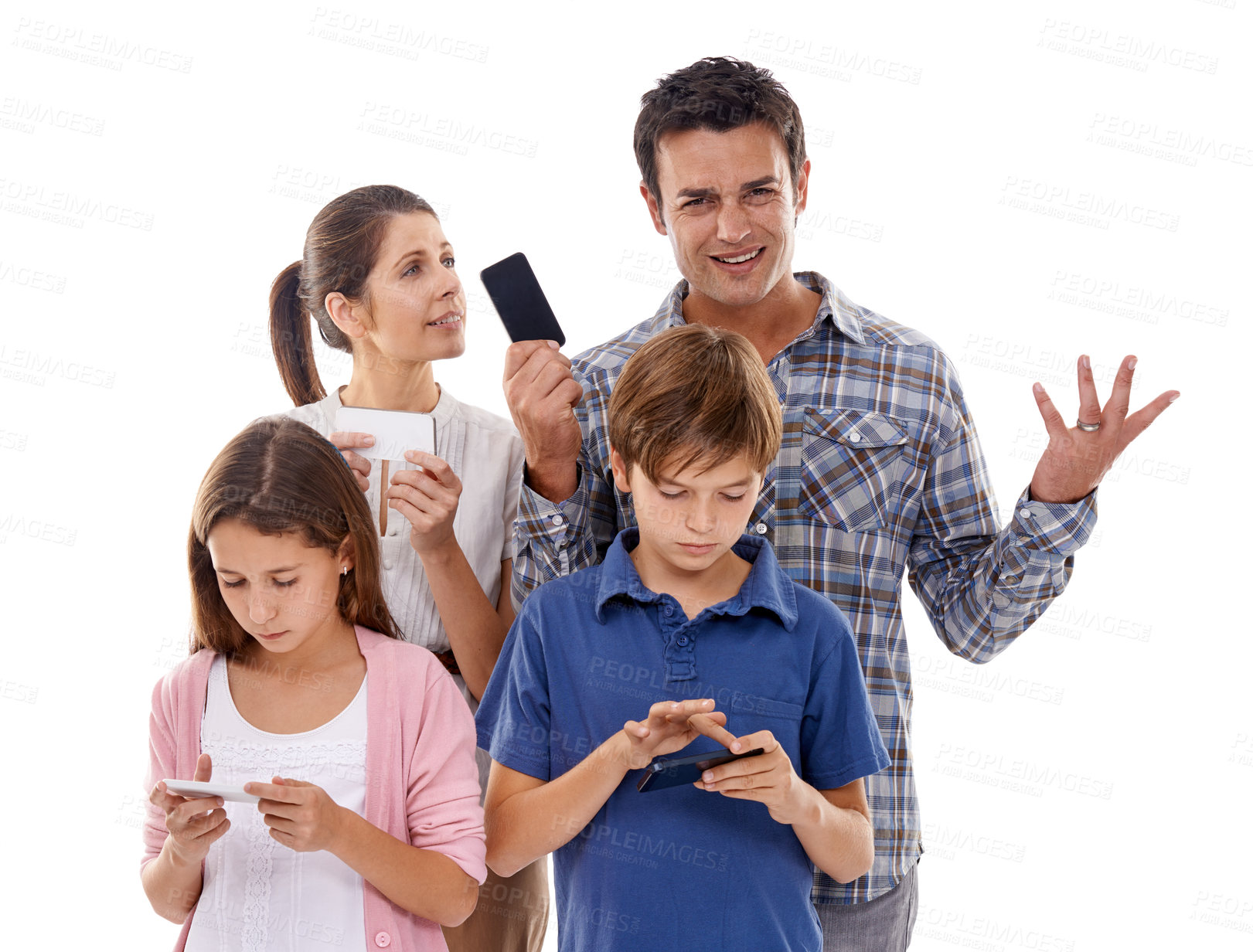 Buy stock photo Family, phone and online in studio with internet for text message, email conversation and video streaming. Father, mother and children with smartphone, technology and mobile chat on white background