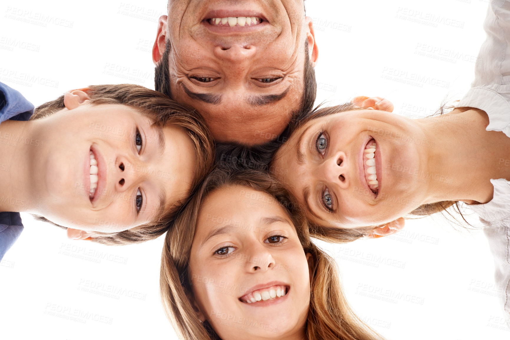 Buy stock photo Portrait of mother, father and children on a white background for bonding, relationship and love. Family, happy and low angle of isolated mom, dad and kids for support, care and relax in studio