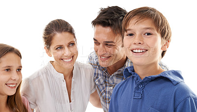 Buy stock photo Portrait of mom, dad and children on a white background for bonding, relationship and love. Family, happy and face of isolated mother, father and kids smile for support, care and relax in studio