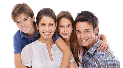 Buy stock photo Happy family, portrait and hug with kids for bonding, embrace or support on a white studio background. Face of mother, father and children with smile for love, care or trust on holiday or weekend