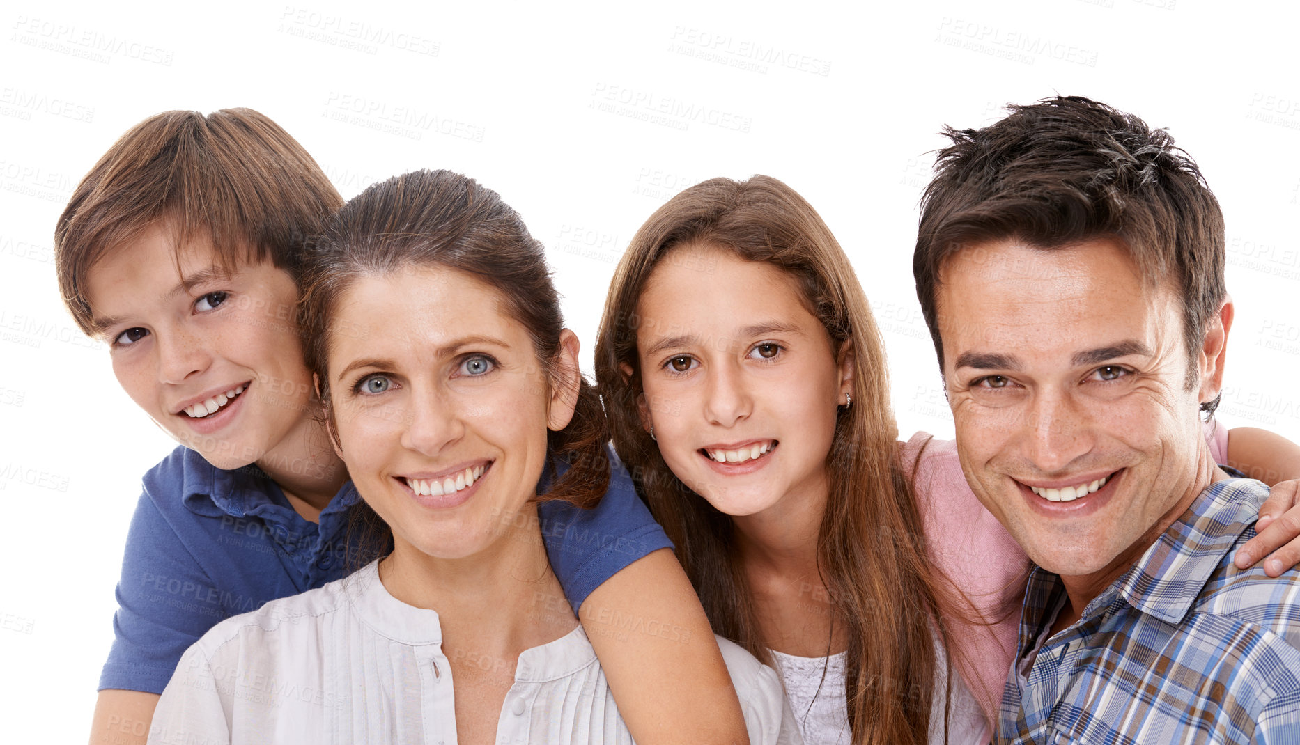 Buy stock photo Happy family, portrait and hug with kids for embrace, bonding or support on a white studio background. Face of mother, father and children with smile for love, care or trust on holiday or weekend