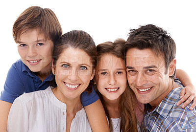 Buy stock photo Happy family, portrait and hug with children for embrace, bonding or support on a white studio background. Face of mother, father and kids with smile for love, care or trust on holiday or weekend