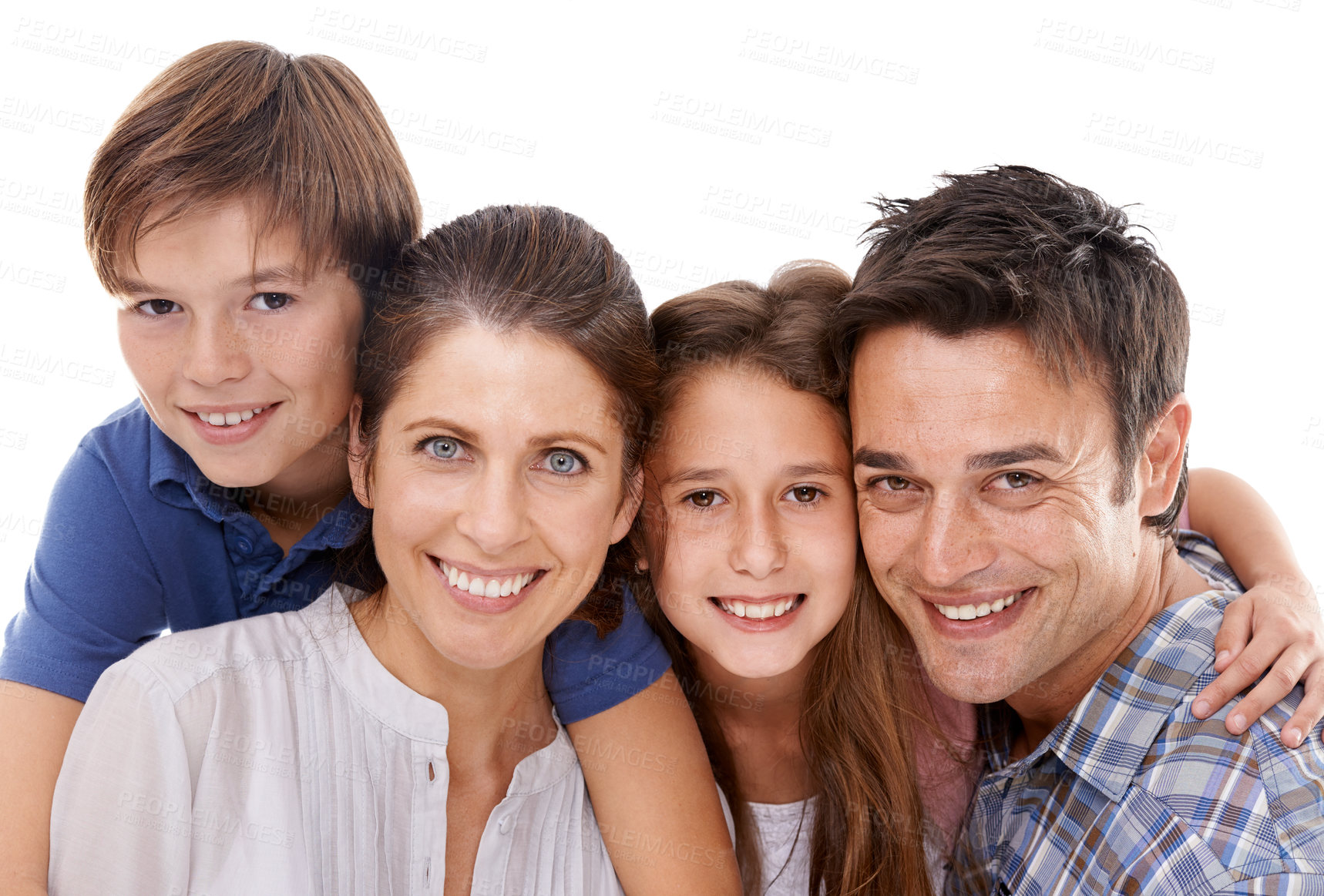 Buy stock photo Happy family, portrait and hug with children for embrace, bonding or support on a white studio background. Face of mother, father and kids with smile for love, care or trust on holiday or weekend