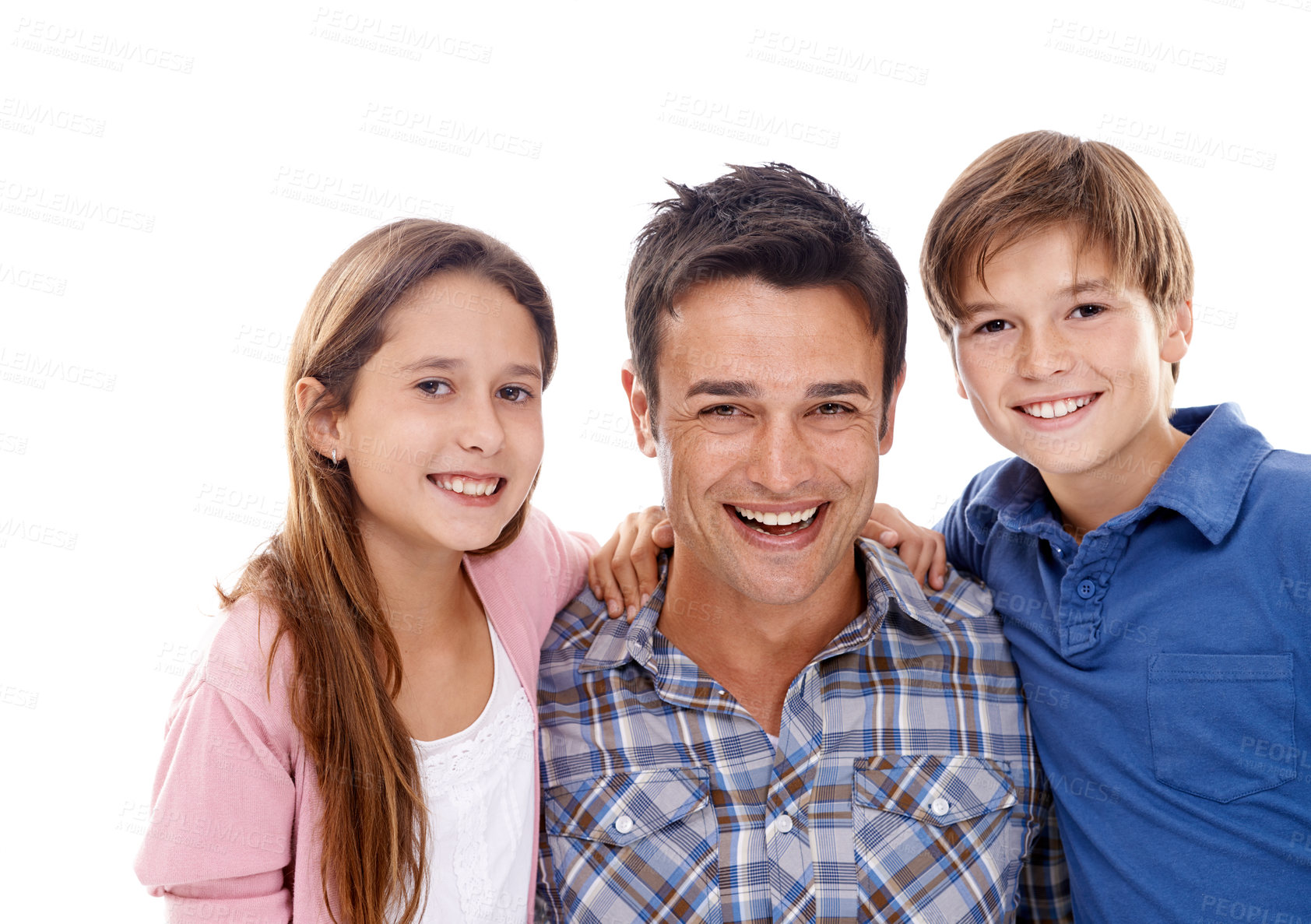 Buy stock photo Happy father, portrait and children with family for support, love or bonding on a white studio background. Dad and kids with smile in confidence for protection, trust or parenting in care or safety