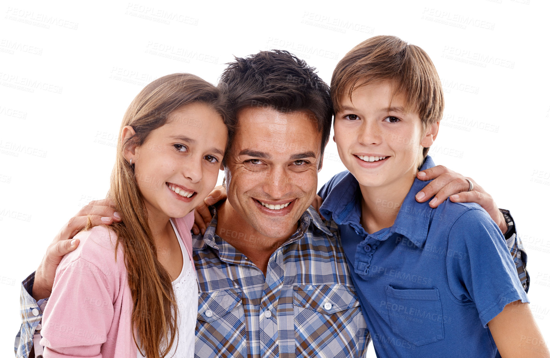 Buy stock photo Happy dad, portrait and children with family for support, love or bonding on a white studio background. Father and kids with smile in confidence for protection, trust or parenting in care or safety