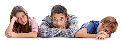 Buy stock photo Floor, bored and portrait of father with children on a white background for bonding, relationship and love. Family, parenthood and unhappy dad, girl and boy for rest, care and relaxing in studio