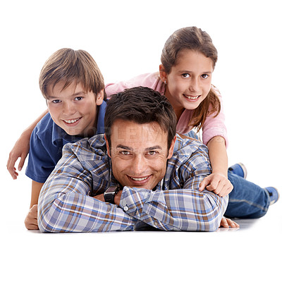 Buy stock photo Family, father and portrait of children on a white background for bonding, relationship and love. Family, parenthood and dad, son and daughter on floor for support, care and affection in studio