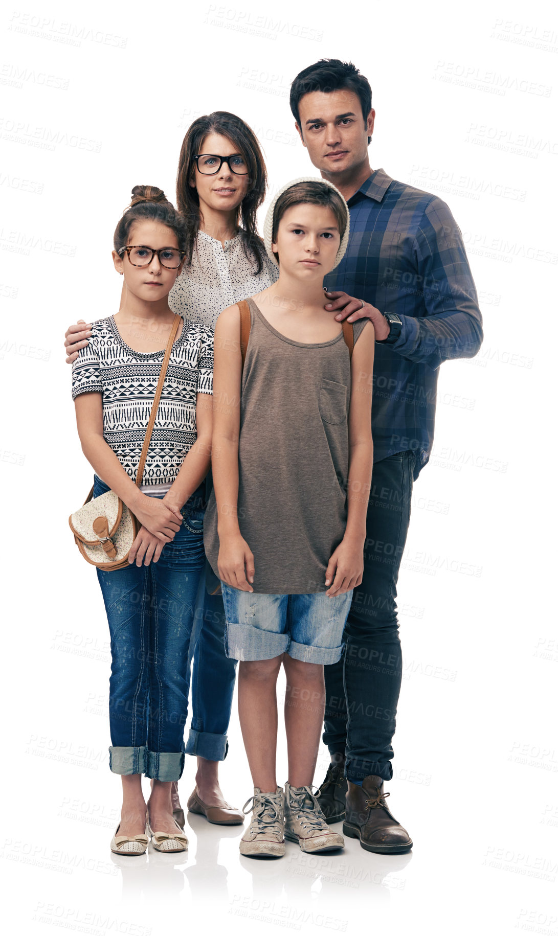Buy stock photo Studio shot of trendy young family against a white background