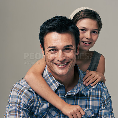 Buy stock photo Happy father, portrait and child with hug for love, care or support in fashion on a white studio background. Face of dad, son or kid with smile in casual clothing or trust for parenting or bonding