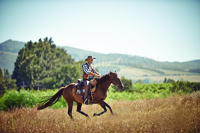 Buy stock photo Cowboy, fast and man riding horse with saddle on field in countryside for equestrian or training. Nature, summer and speed with mature horseback rider on blue sky at ranch outdoor in rural Texas