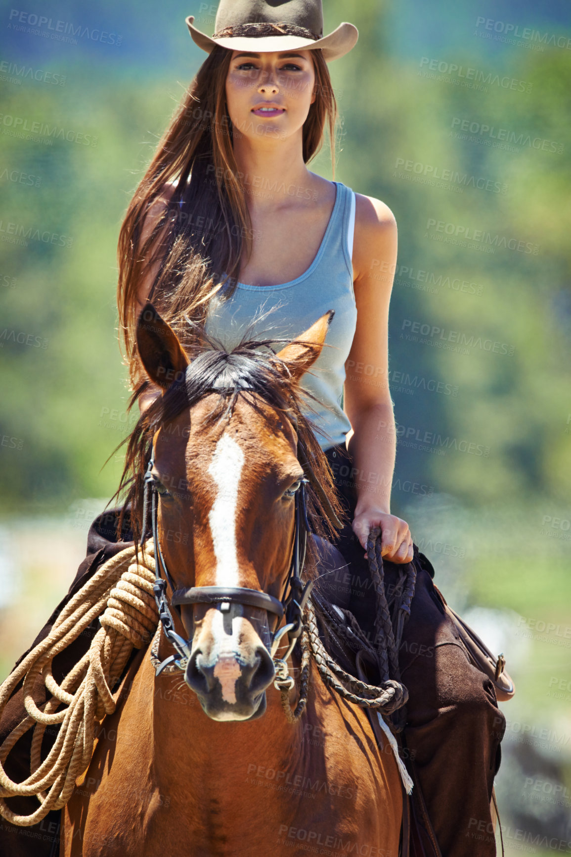 Buy stock photo Woman, portrait and cowgirl with horse in countryside for ride, journey or outdoor adventure in nature. Female person or western rider with hat, saddle and animal stallion at ranch, farm or stable
