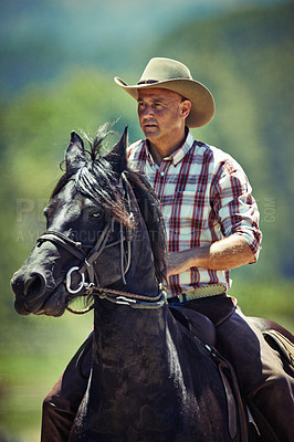 Buy stock photo Cowboy, nature and man riding horse with saddle on field in countryside for equestrian or training. Western, summer and rodeo with mature horseback rider on animal at ranch outdoor in rural Texas
