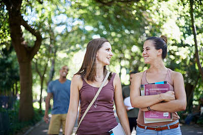 Buy stock photo Women, friends and talking of education on campus with learning, knowledge and books at college. Happy students with outdoor conversation in a park or university for scholarship, study or opportunity
