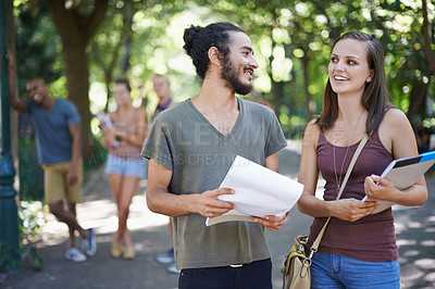 Buy stock photo Students, friends and learning or talking on campus with education, knowledge and notebook or notes at college. Happy people with outdoor conversation, park and university for studying collaboration