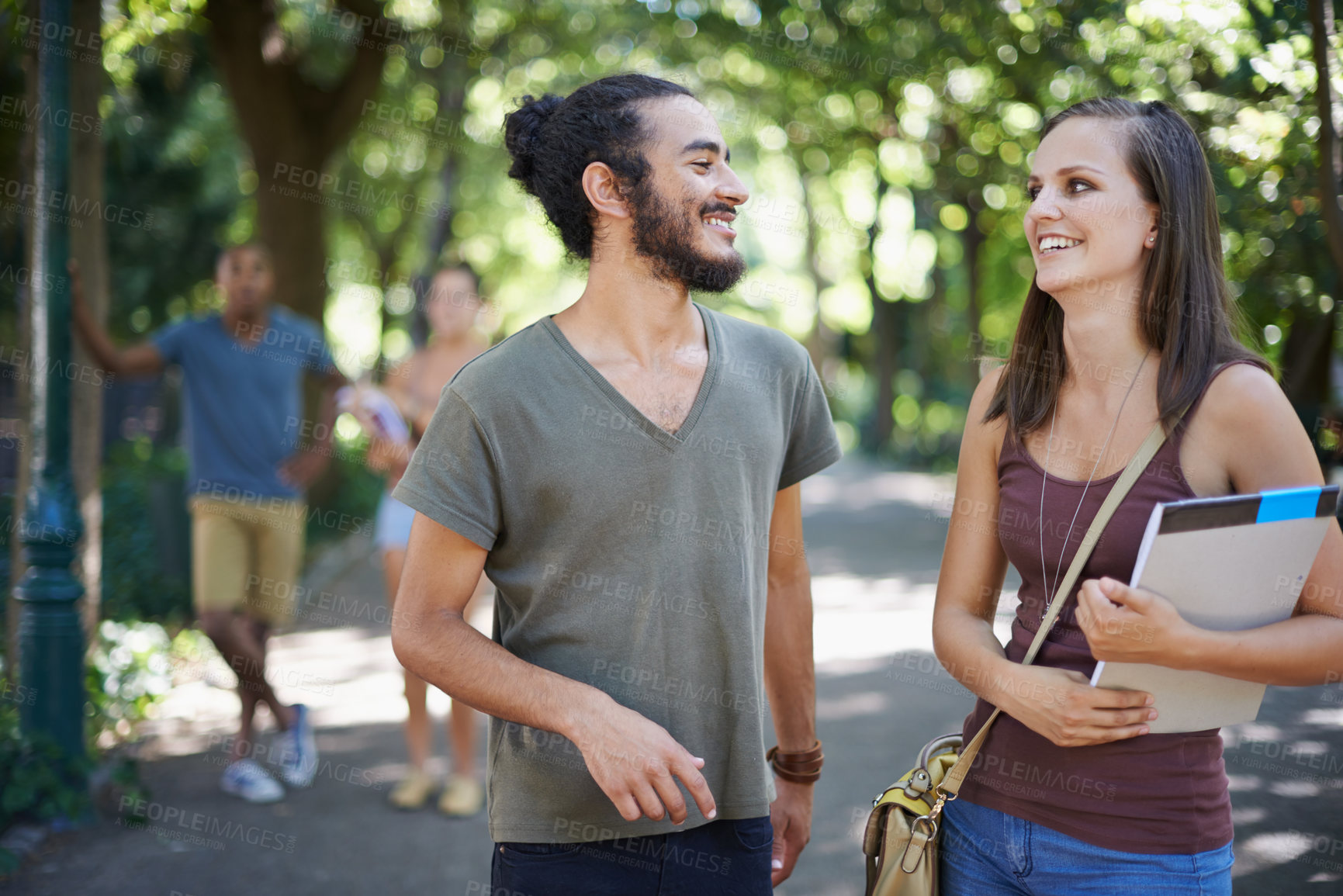 Buy stock photo Students, friends and talking of college on campus for learning, knowledge and happy conversation. Young people laughing, smile and discussion of scholarship, study or education at park or university