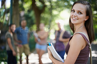 Buy stock photo Portrait, student and woman with smile, campus and outdoor with education and university. Face, person or girl with books or college with knowledge or sunshine with learning or happy with scholarship
