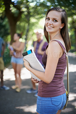 Buy stock photo Portrait, student and woman with notebook, campus and outdoor with scholarship or university. Face, person or girl with smile or college with knowledge or summer with learning or happy with education