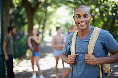 Buy stock photo Man, student and portrait with backpack by a campus park with a smile and ready for study. Happiness, young and African male face in college and university outdoor with education and school bag