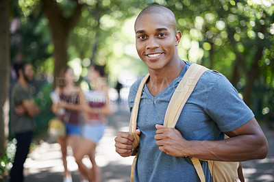 Buy stock photo Man, student park and portrait with backpack by a campus nature with smile and ready for study. Happiness, young and African male face in college and university outdoor with education and school bag