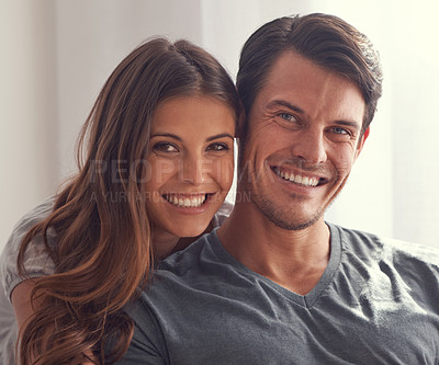 Buy stock photo Happy couple, portrait and relax with love for bonding, affection or support together at home. Face of man and woman with smile in happiness or satisfaction for relationship or holiday at apartment