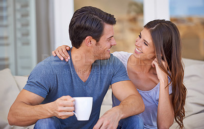 Buy stock photo Happy couple relax outdoor with coffee, love and trust in relationship, care and support with commitment. Romance at home, man and woman with smile, spending quality time together with beverage
