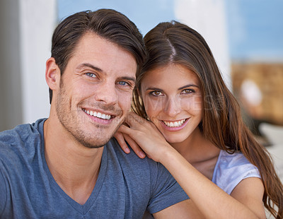 Buy stock photo Happy couple, portrait and relax with love for relationship, bonding or support together at home. Face of young man and woman with smile in happiness or satisfaction for holiday weekend at apartment