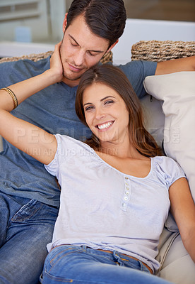 Buy stock photo Happy, relax and portrait of couple in home for bonding, relationship or together on sofa. Love, dating and man and woman embrace, hug and smile on couch for support, care or affection in living room