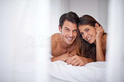 Buy stock photo Love, bedroom curtain and portrait couple relax for morning peace, calm and bonding quality time together in Toronto Canada. Happy, mockup and romantic people in hotel bed for Valentines Day holiday