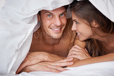 Buy stock photo Love, portrait and couple relax in bed, waking up and bonding in a bedroom together, happy and romantic. Face, man and woman, intimate and resting at hotel for valentines day, anniversary or bond