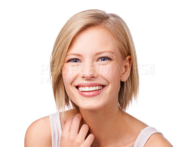 Buy stock photo Portrait, beauty and smile with aesthetic woman in studio isolated on white background for self care. Face, skincare and wellness with happy young person at salon for cosmetics or dermatology