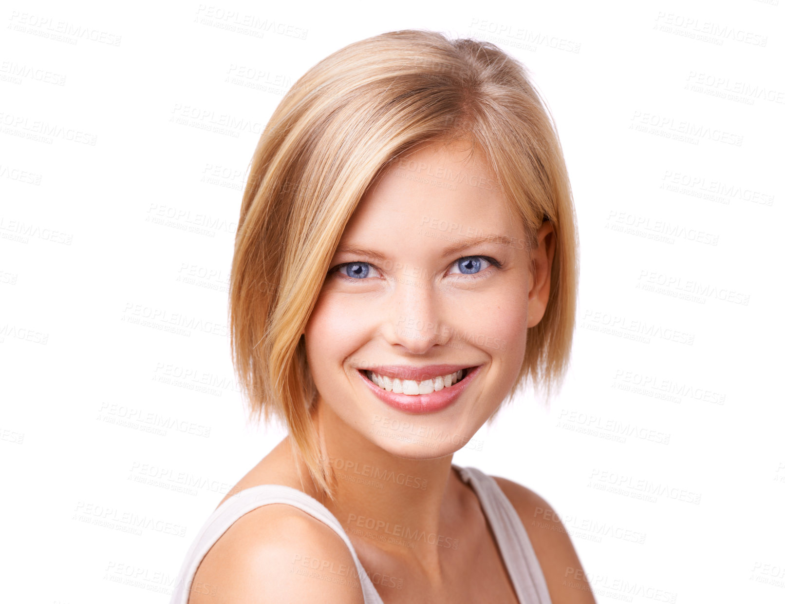 Buy stock photo Portrait, skincare and smile with blue eyes woman in studio isolated on white background for self care. Face, beauty and satisfied with happy young person at salon for cosmetics or dermatology