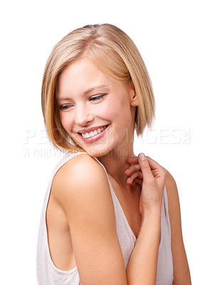 Buy stock photo Beauty, skincare and smile with aesthetic woman in studio isolated on white background for self care. Face, thinking and shy with happy young person at salon for natural cosmetics or dermatology