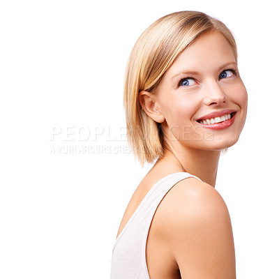 Buy stock photo Beauty, smile and space with makeup woman in studio isolated on white background for self care. Face, skincare and aesthetic with happy young person on mockup at salon for cosmetics or dermatology