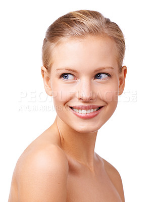 Buy stock photo Skincare, happy and woman in studio with beauty, natural and face routine for wellness. Smile, cosmetic and young female person from Australia with facial dermatology treatment by white background