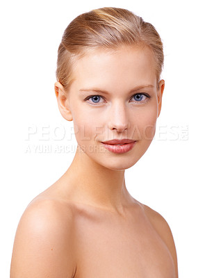 Buy stock photo Beauty, portrait and woman in studio with natural, skincare and face routine for wellness. Health, cosmetic and young female person from Canada with facial dermatology treatment by white background.
