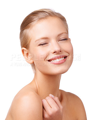Buy stock photo Skincare, beauty and woman in studio with natural, health and face routine for wellness. Smile, cosmetic and young female person from Australia with facial dermatology treatment by white background.